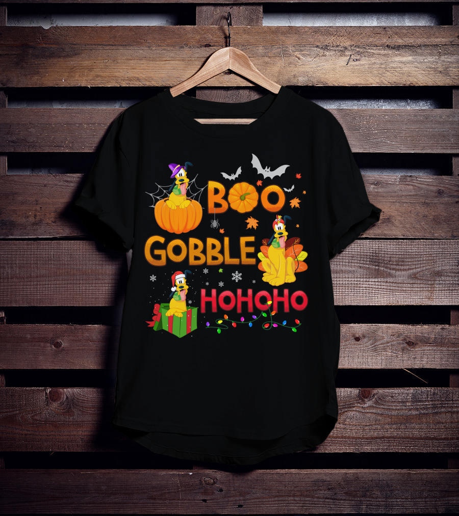 Boo Gobble Hohoho Pluto Halloween Thanksgiving Christmas T-Shirt