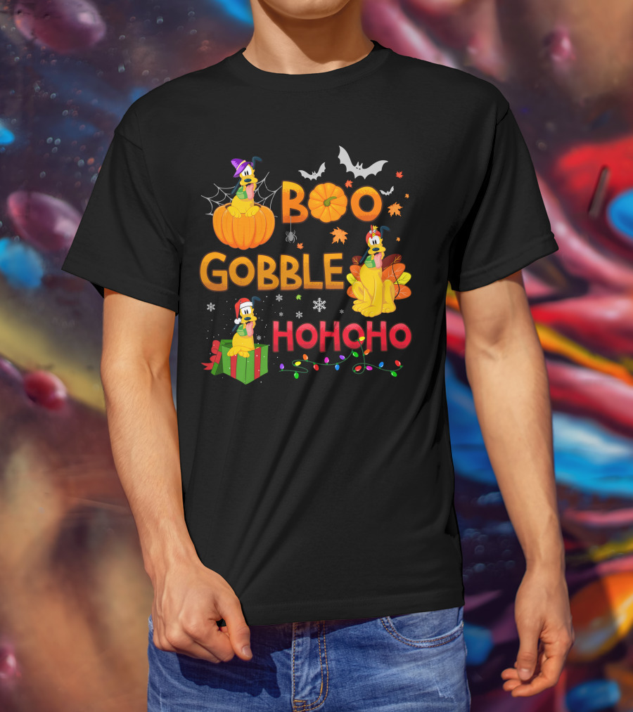 Boo Gobble Hohoho Pluto Halloween Thanksgiving Christmas T-Shirt