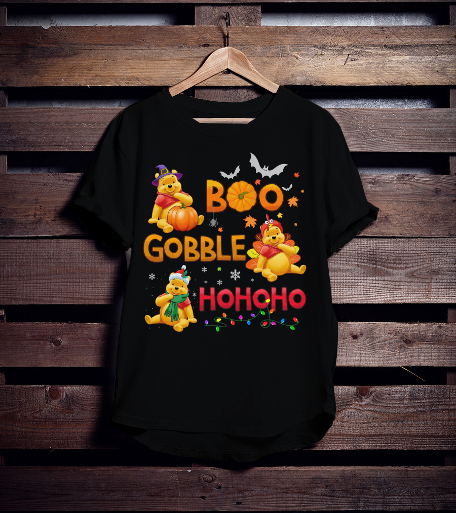 Boo Gobble Hohoho Pumpkin Bat Leaves Pooh T-Shirt