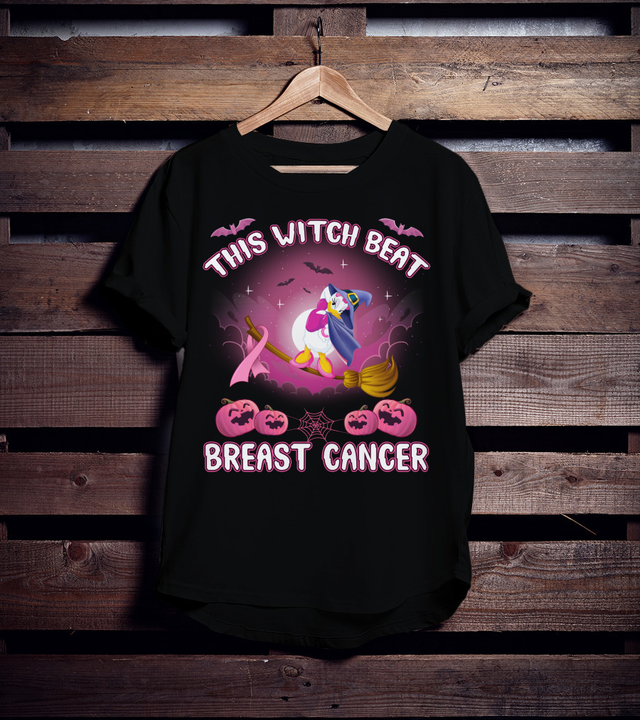 This Witch Beat Breast Cancer Daisy D Broom Pink Ribbon Pumpkins Bat Night Sky T-Shirt