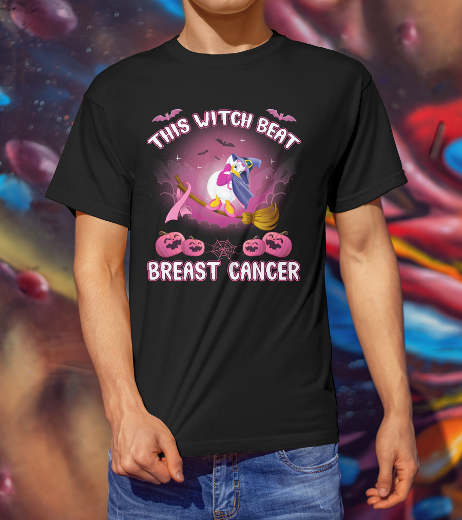 This Witch Beat Breast Cancer Daisy D Broom Pink Ribbon Pumpkins Bat Night Sky T-Shirt