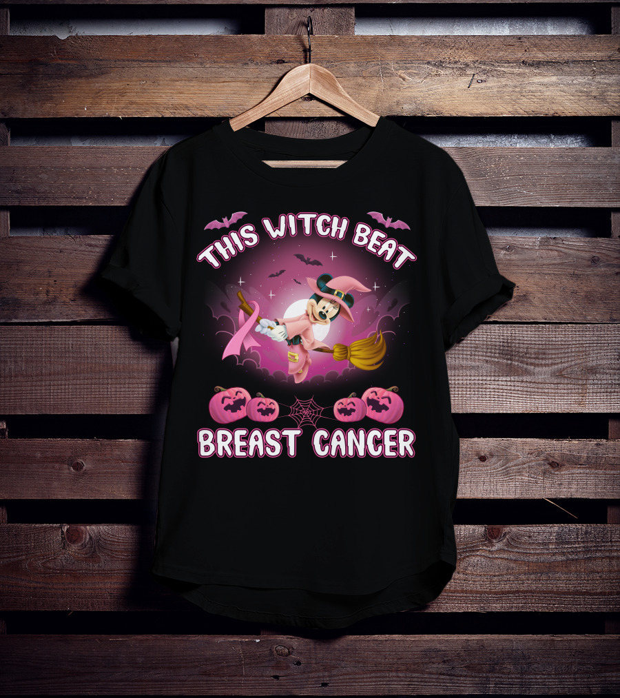 This Witch Beat Breast Cancer Minnie Witch Hat Pink Broom Halloween T-Shirt