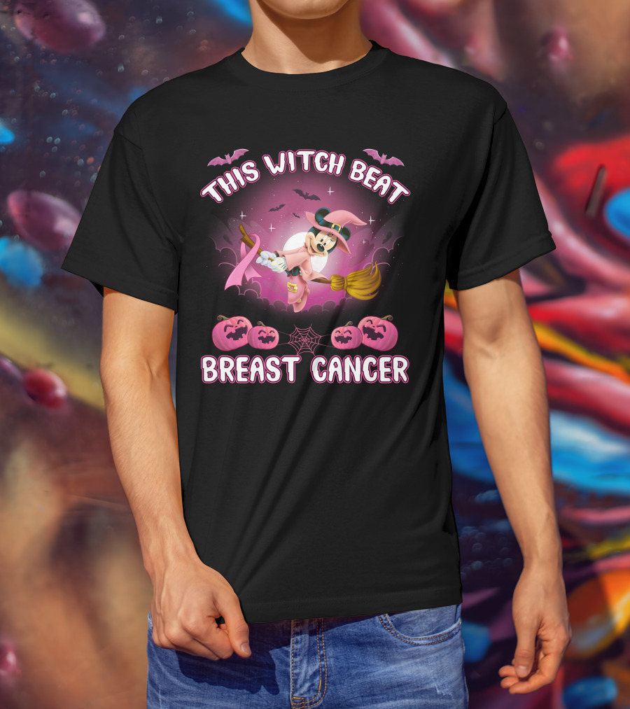 This Witch Beat Breast Cancer Minnie Witch Hat Pink Broom Halloween T-Shirt