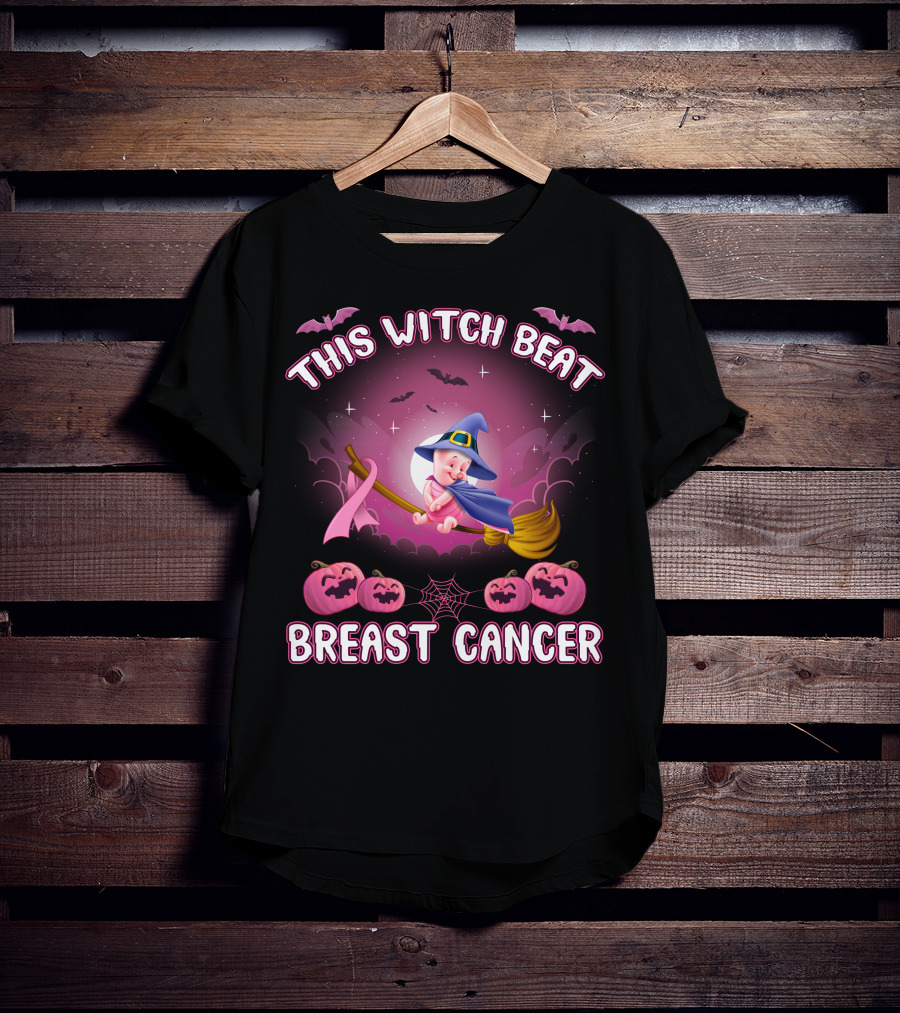 This Witch Beat Breast Cancer Piglet Halloween Pumpkins Broomstick Moon Bats T-Shirt