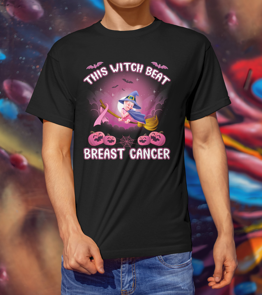 This Witch Beat Breast Cancer Piglet Halloween Pumpkins Broomstick Moon Bats T-Shirt