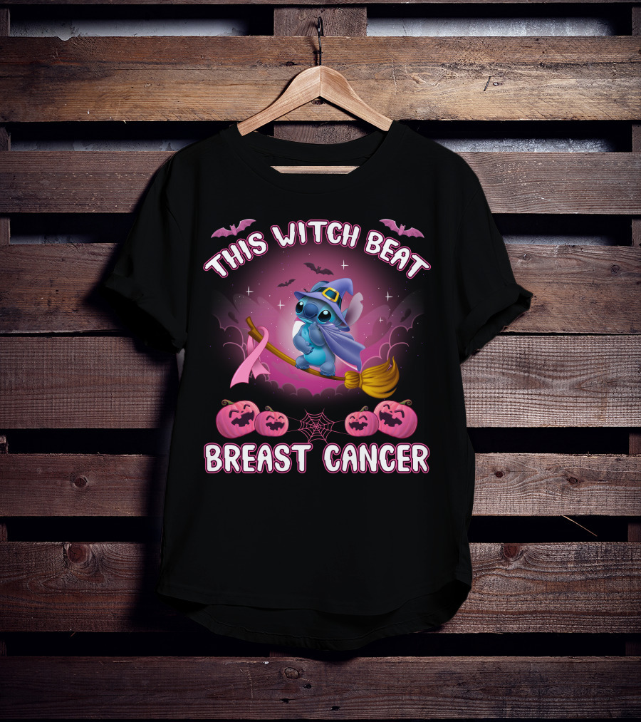 This Witch Beat Breast Cancer Stitch Riding Broom With Pumpkins And Bats T-Shirt