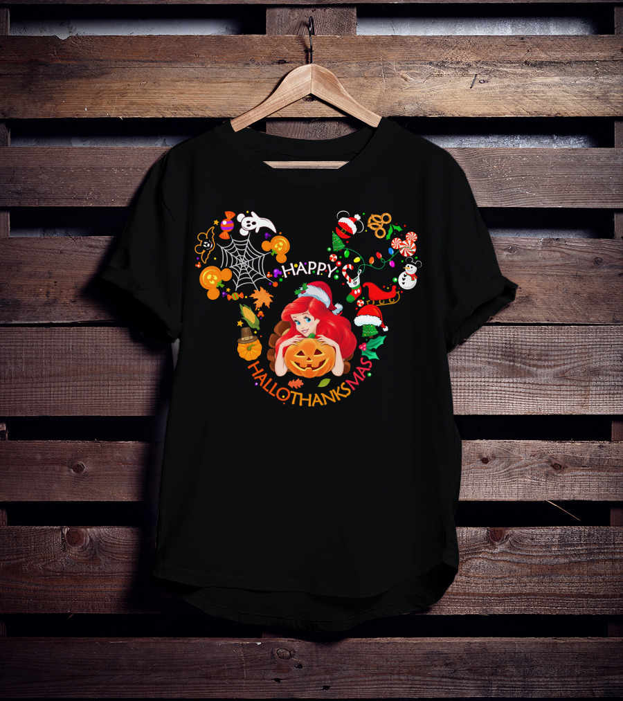 Happy Hallothanksmas Ariel Pumpkin Christmas Halloween Elements T-Shirt