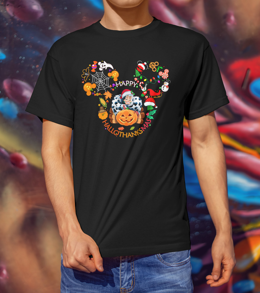 Happy Hallothanksmas Cruella De Vil Halloween Christmas Fusion T-Shirt