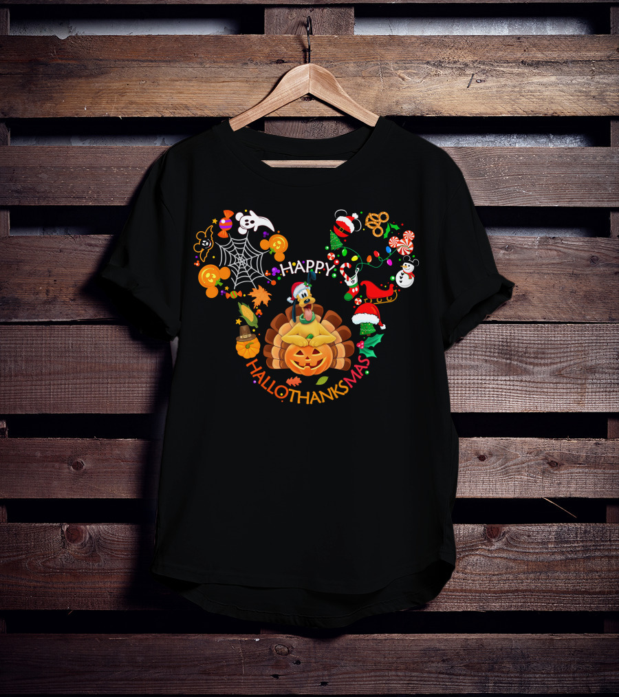 Happy Hallothanksmas Pluto Turkey Pumpkin Disney Characters T-Shirt