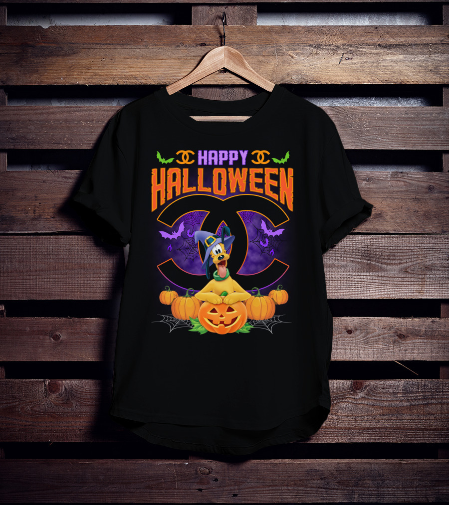 Happy Halloween Pluto Pumpkins Bat Symbols And Spider Webs T-Shirt