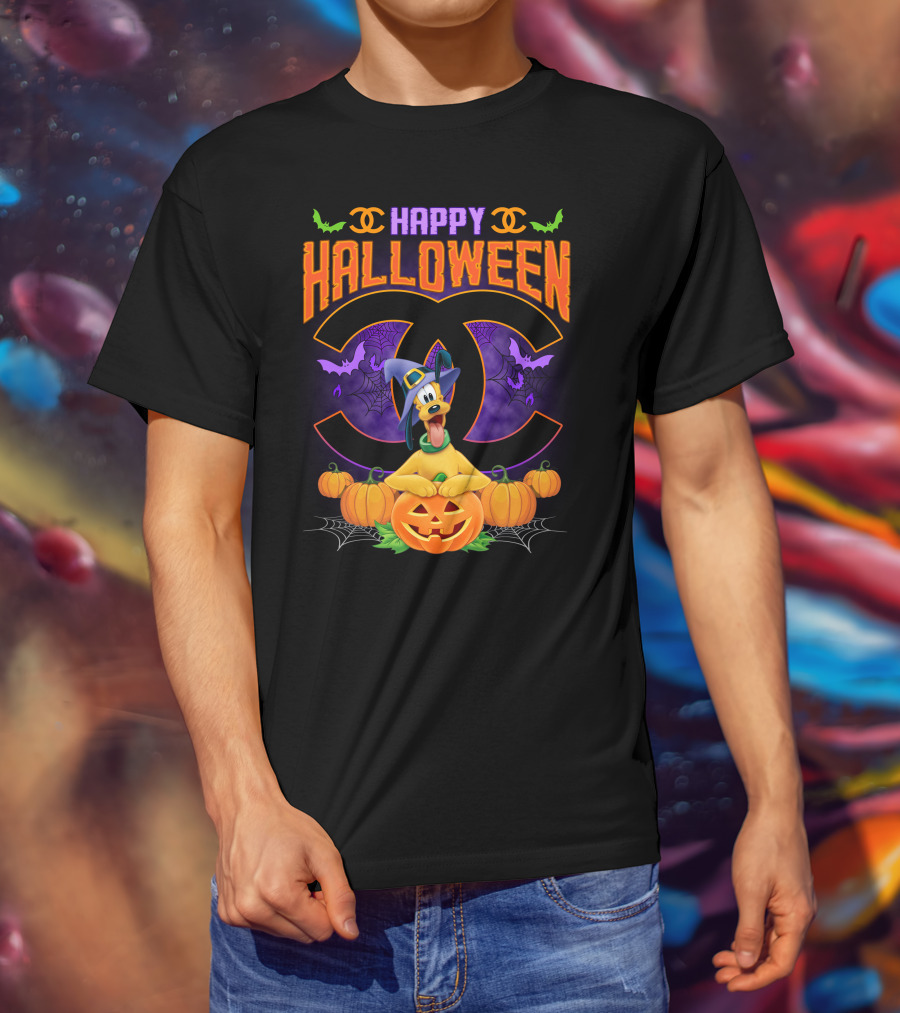 Happy Halloween Pluto Pumpkins Bat Symbols And Spider Webs T-Shirt