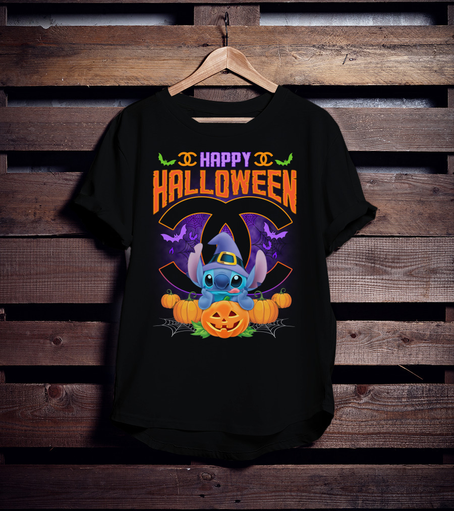 Stitch Happy Halloween Pumpkins And Bats T-Shirt