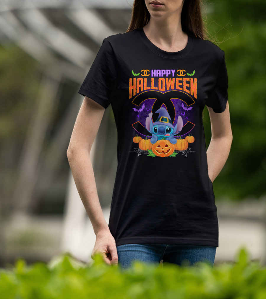 Stitch Happy Halloween Pumpkins And Bats T-Shirt