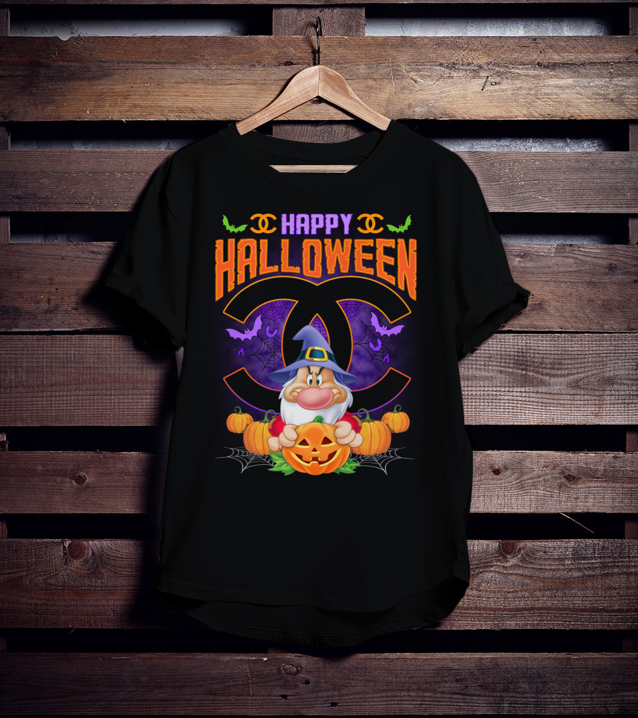 Happy Halloween Grumpy Dwarf With Pumpkins And Bat Accents On Chanel Logo Backdrop T-Shirt