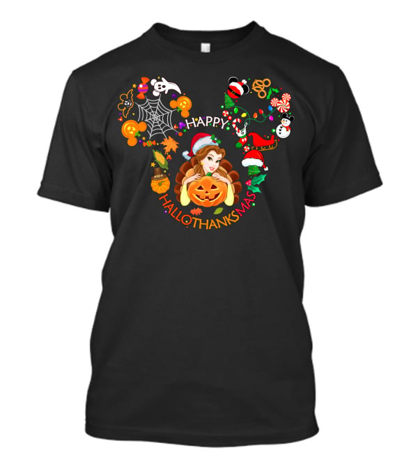 Happy Hallothanksmas Belle Pumpkin Mickey Ears Holiday Spirits T-Shirt