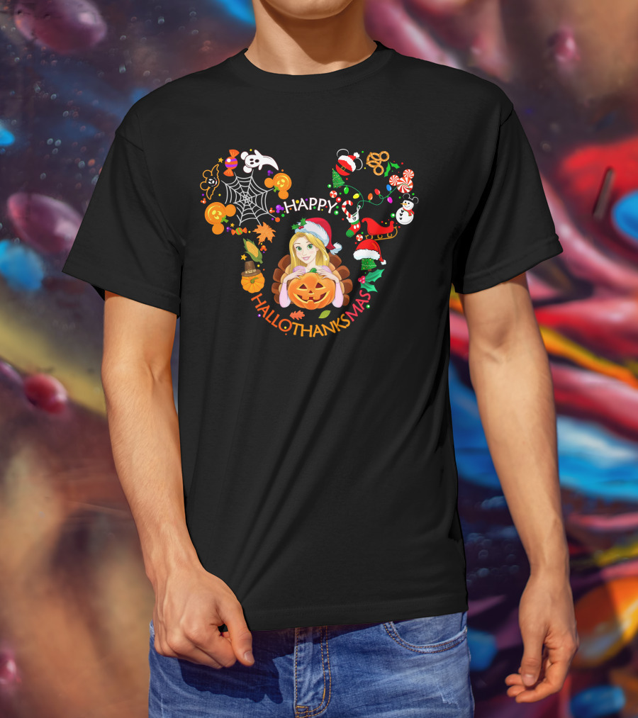 Happy Hallothanksmas Rapunzel Halloween Christmas Thanksgiving T-Shirt