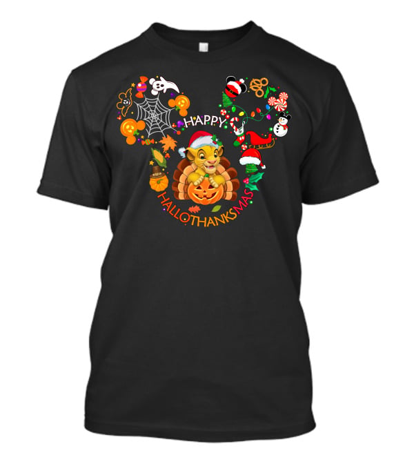 Simba Happy Hallothanksmas Disney Holidays Lion Pumpkin Turkey Santa Hat T-Shirt