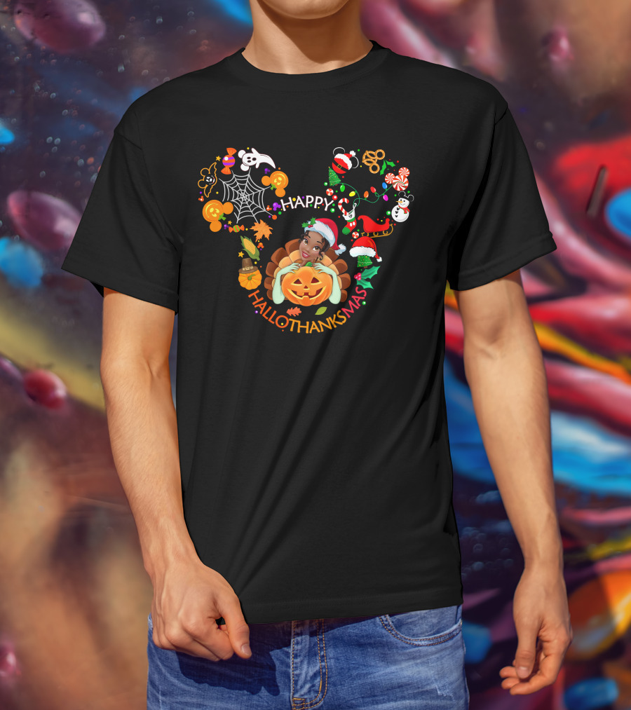 Tiana Happy Hallothanksmas Pumpkin Christmas Halloween Thanksgiving T-Shirt