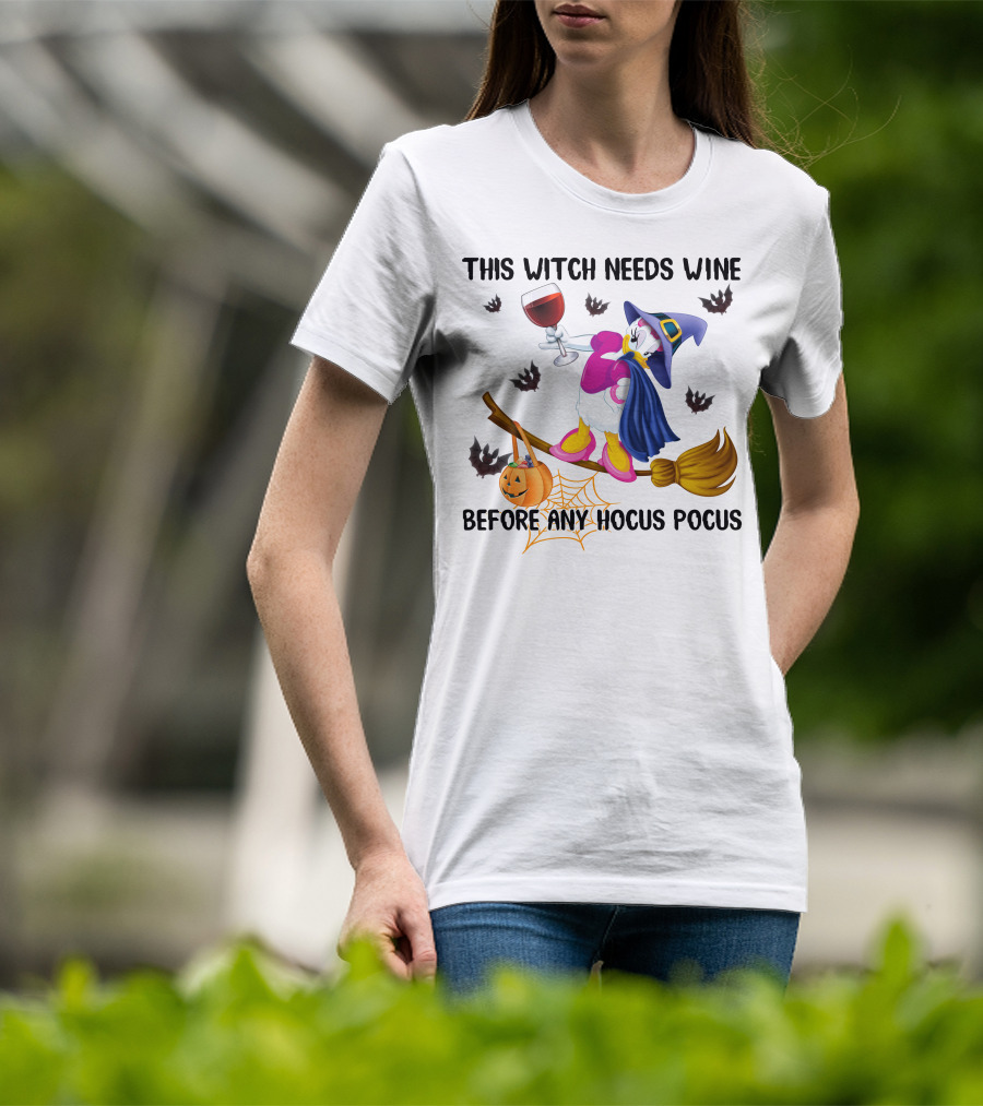 This Witch Needs Wine Before Any Hocus Pocus Daisy Halloween Broomstick Pumpkin Bat Spiderweb T-Shirt