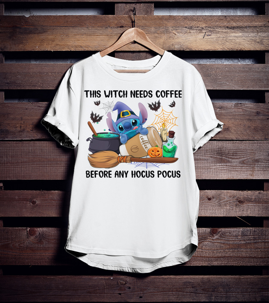 This Witch Needs Coffee Before Any Hocus Pocus Stitch Halloween T-Shirt