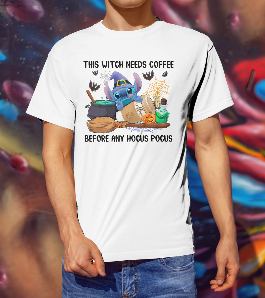This Witch Needs Coffee Before Any Hocus Pocus Stitch Halloween T-Shirt