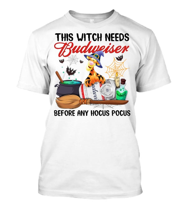 This Witch Needs Budweiser Before Any Hocus Pocus Tigger Halloween Fiesta T-Shirt
