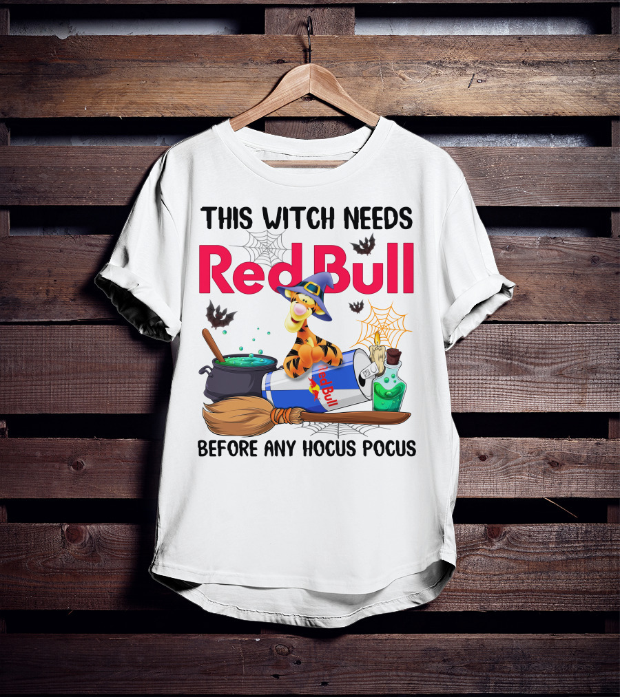 This Witch Needs Red Bull Before Any Hocus Pocus Tigger With Witch Hat And Red Bull Can T-Shirt