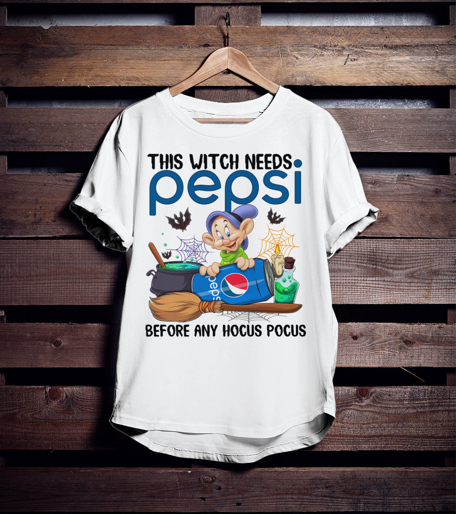 This Witch Needs Pepsi Before Any Hocus Pocus Dopey Cauldron Bats T-Shirt