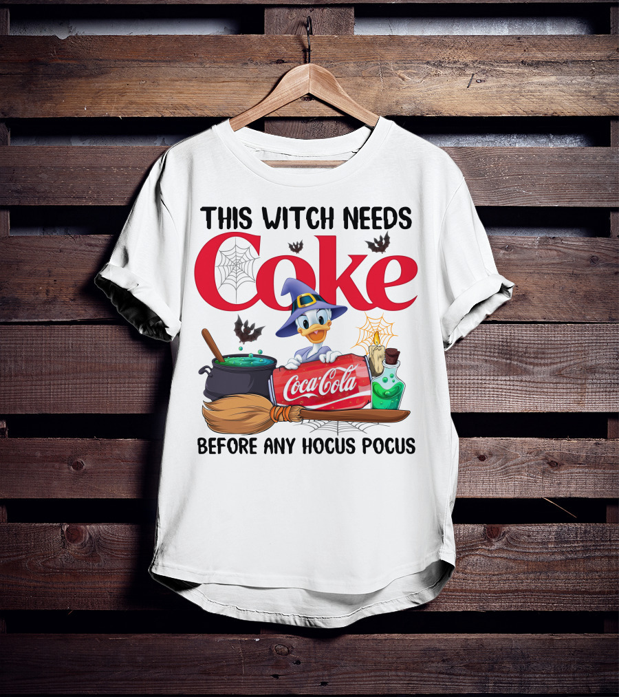 This Witch Needs Coke Before Any Hocus Pocus Coca-Cola Witch Hat Broomstick Cauldron T-Shirt