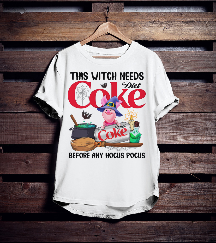 This Witch Needs Diet Coke Before Any Hocus Pocus Piglet Witch Hat Brew Broom_Spiderweb T-Shirt