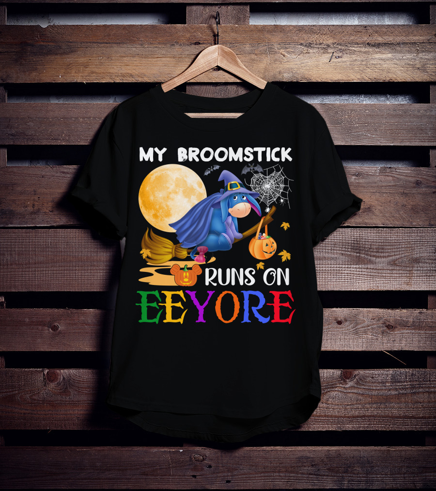 My Broomstick Runs On Eeyore Halloween Moon Bat Pumpkin T-Shirt