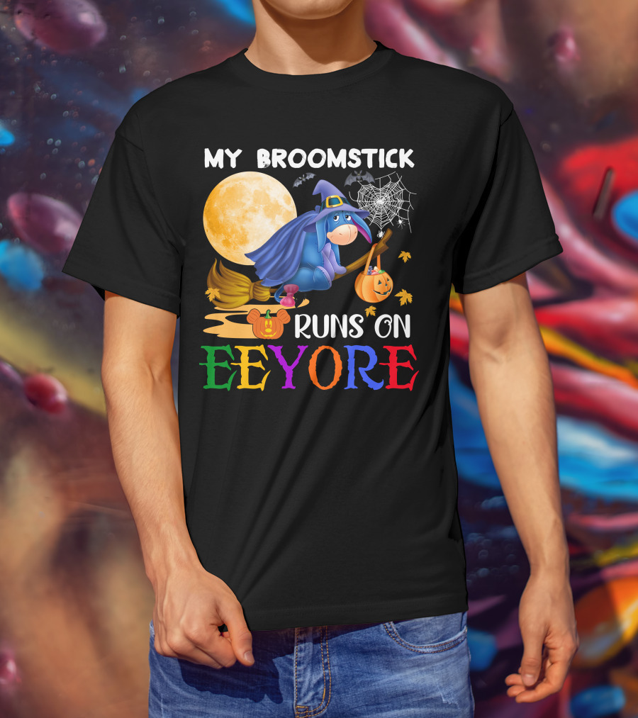 My Broomstick Runs On Eeyore Halloween Moon Bat Pumpkin T-Shirt