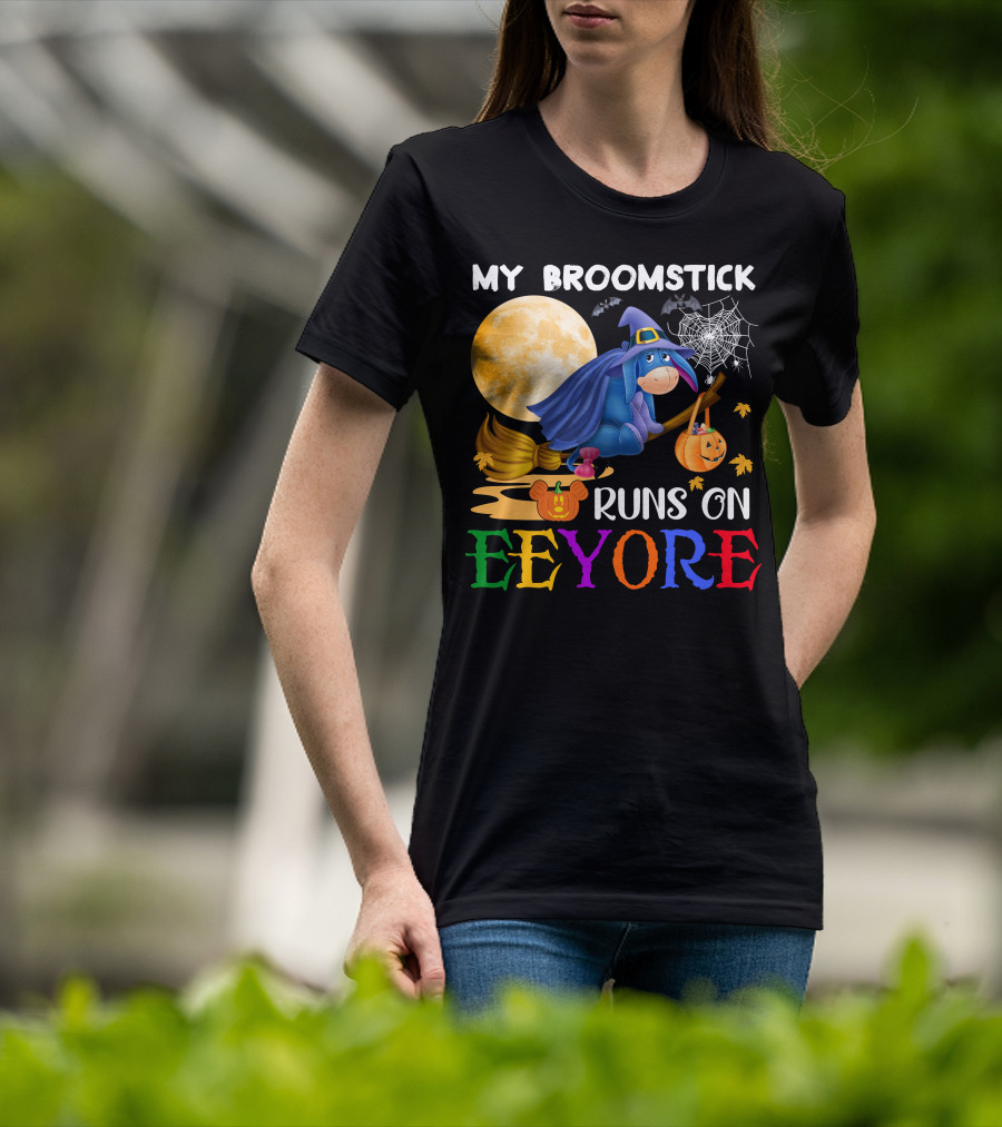 My Broomstick Runs On Eeyore Halloween Moon Bat Pumpkin T-Shirt