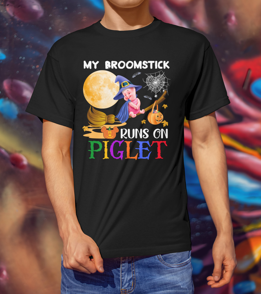 My Broomstick Runs On Piglet Halloween Wizard Moon Pumpkin T-Shirt