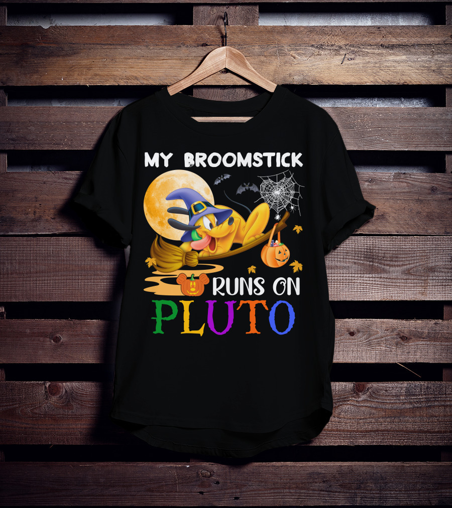 My Broomstick Runs On Pluto Halloween Moon Bats Spider Web Pumpkin T-Shirt