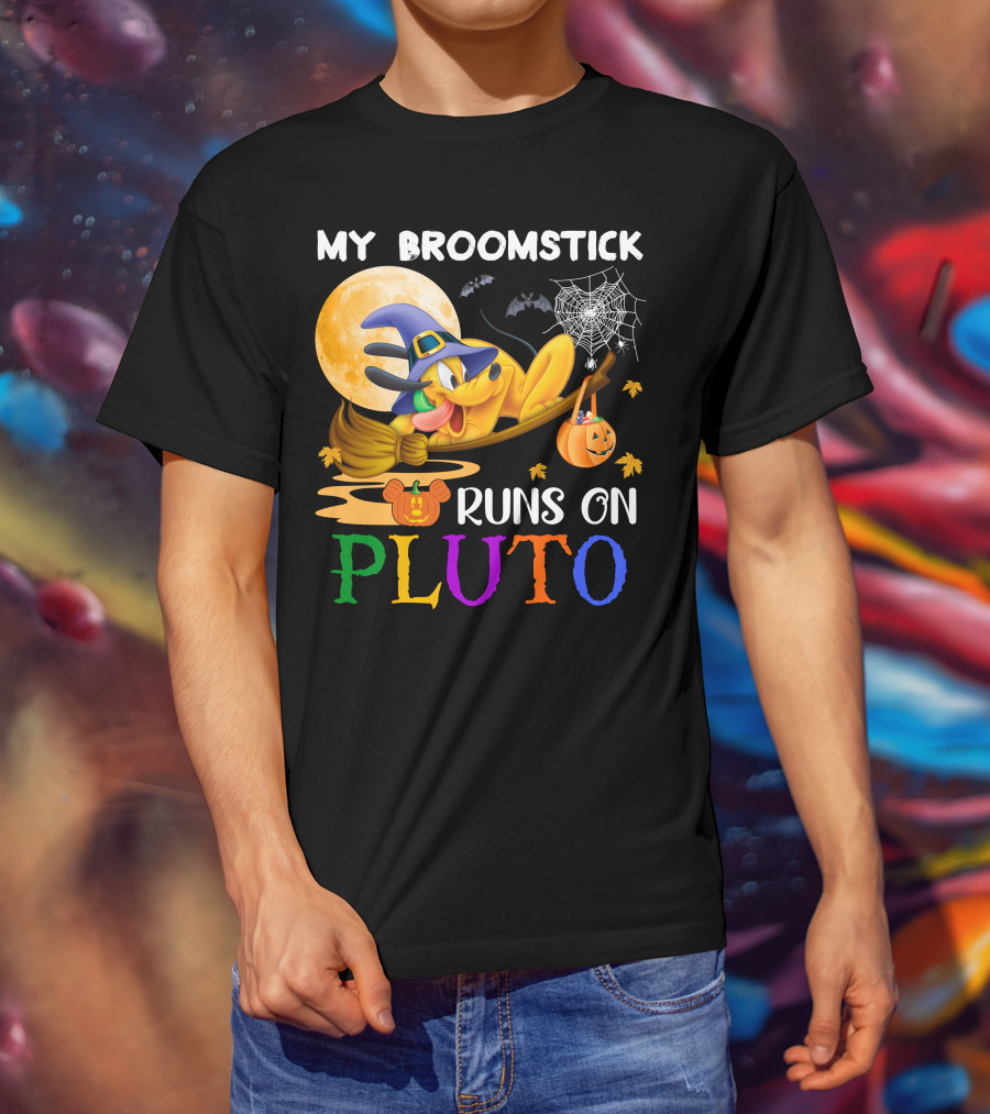 My Broomstick Runs On Pluto Halloween Moon Bats Spider Web Pumpkin T-Shirt