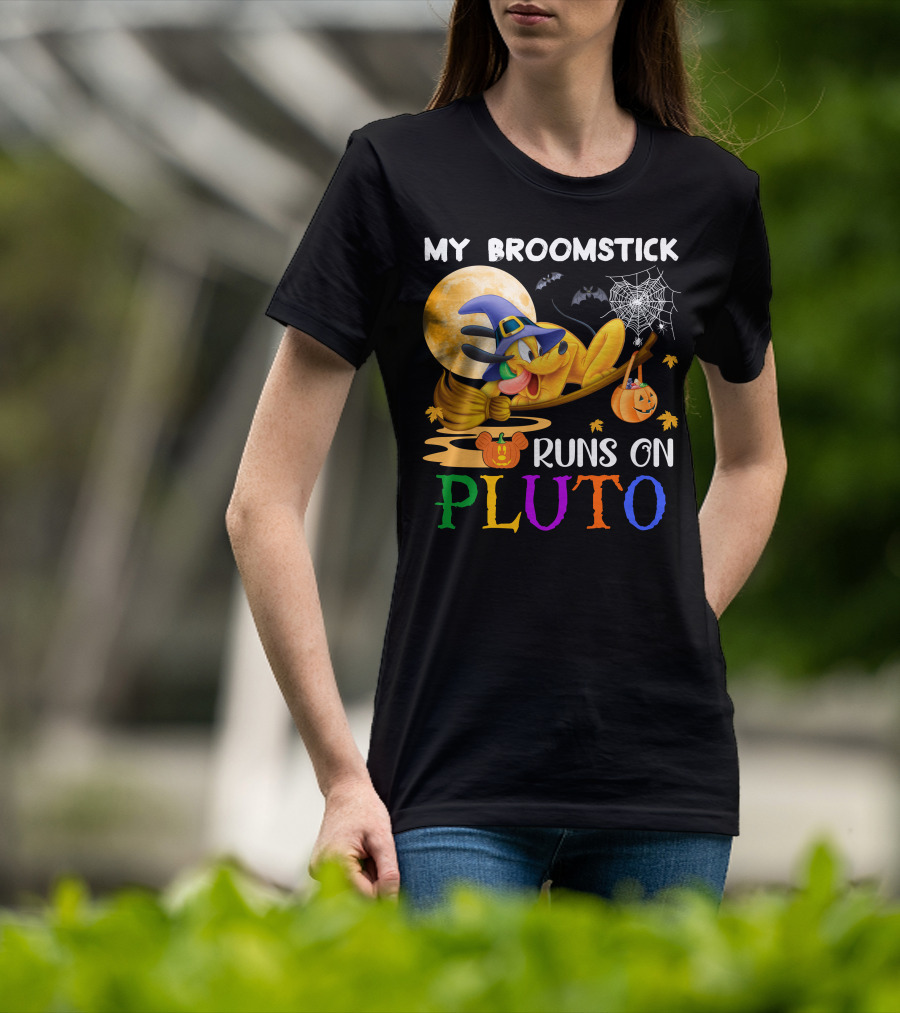 My Broomstick Runs On Pluto Halloween Moon Bats Spider Web Pumpkin T-Shirt