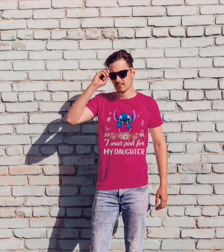 I Wear Pink For My Daughter Stitch Butterfly Roses T-Shirt