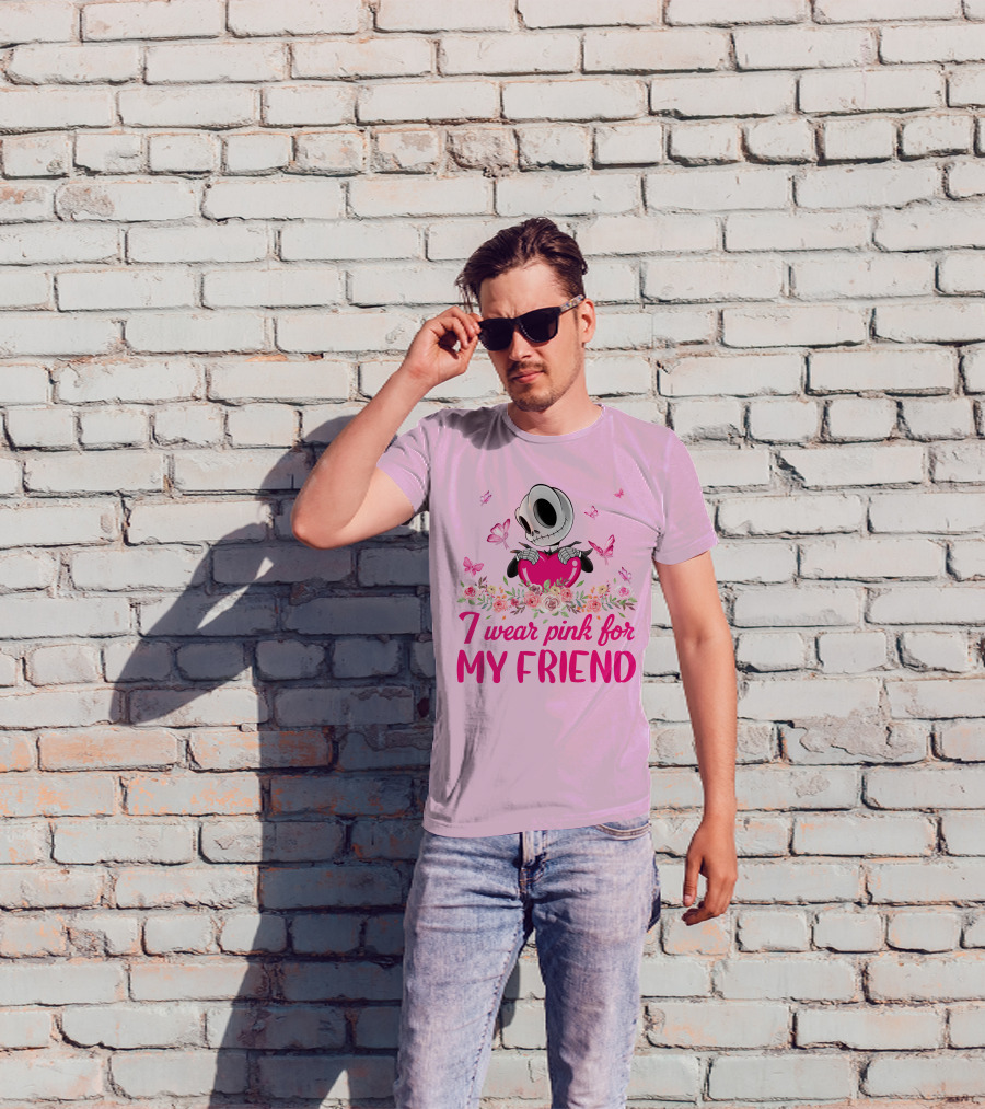 I Wear Pink For My Friend Jack Skellington Pink Butterflies And Flowers T-Shirt