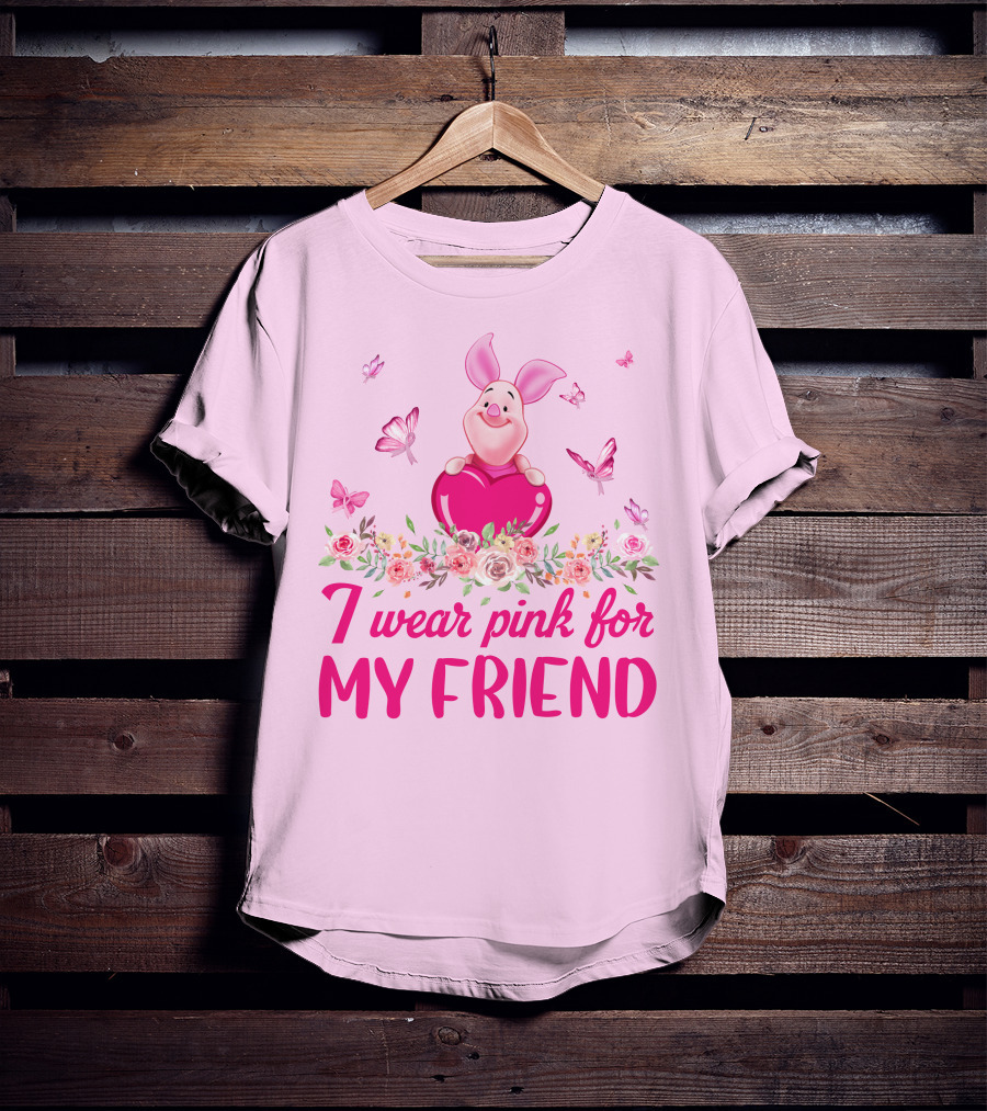 I Wear Pink For My Friend Piglet Floral Butterflies T-Shirt