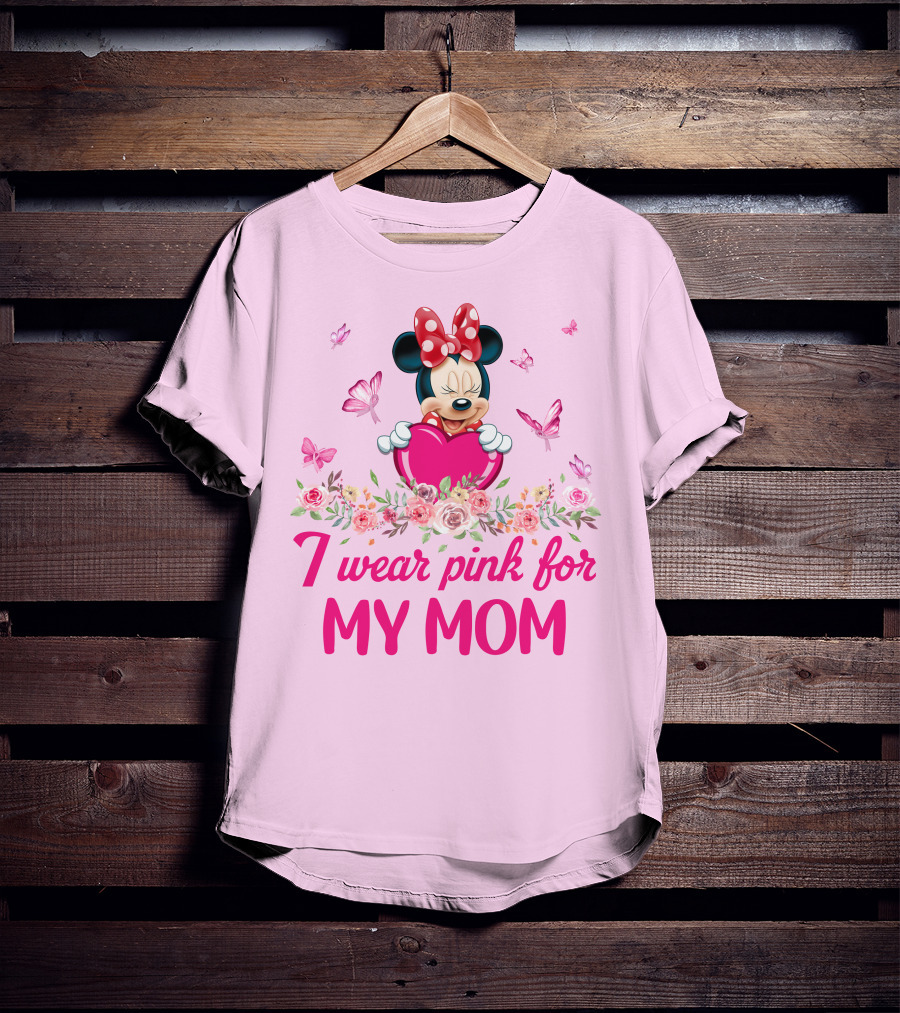 I Wear Pink For My Mom Minnie Butterfly Floral T-Shirt