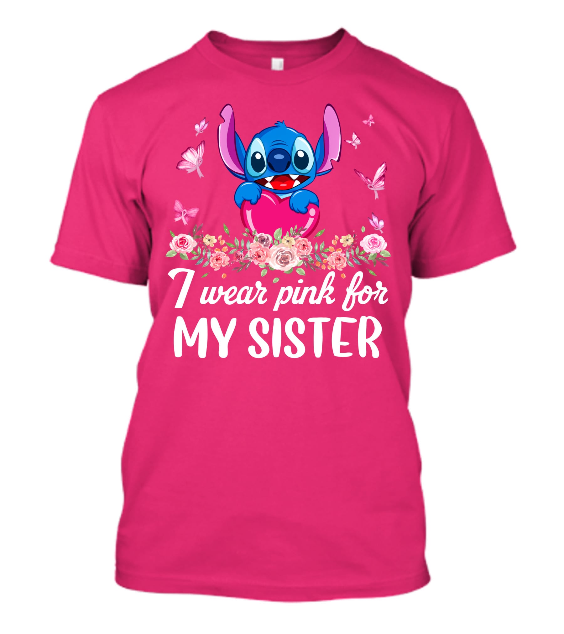I Wear Pink For My Sister Stitch Butterfly Floral T-Shirt