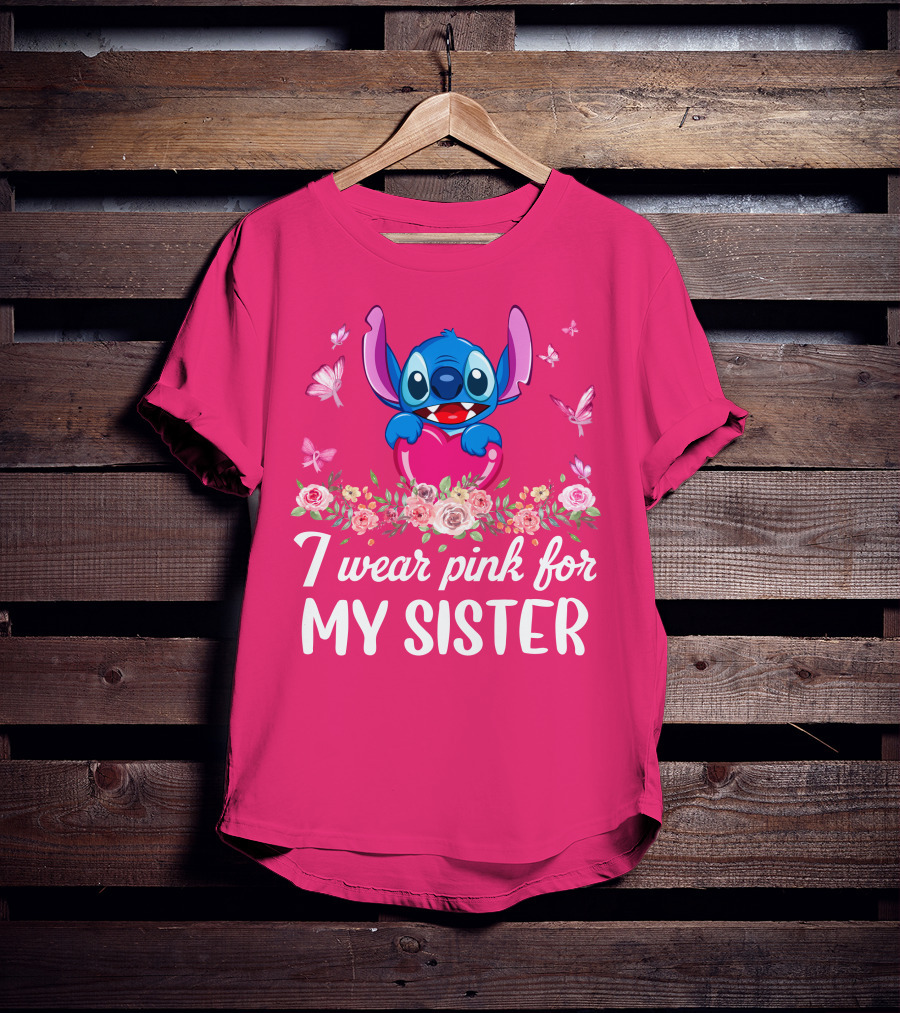 I Wear Pink For My Sister Stitch Butterfly Floral T-Shirt