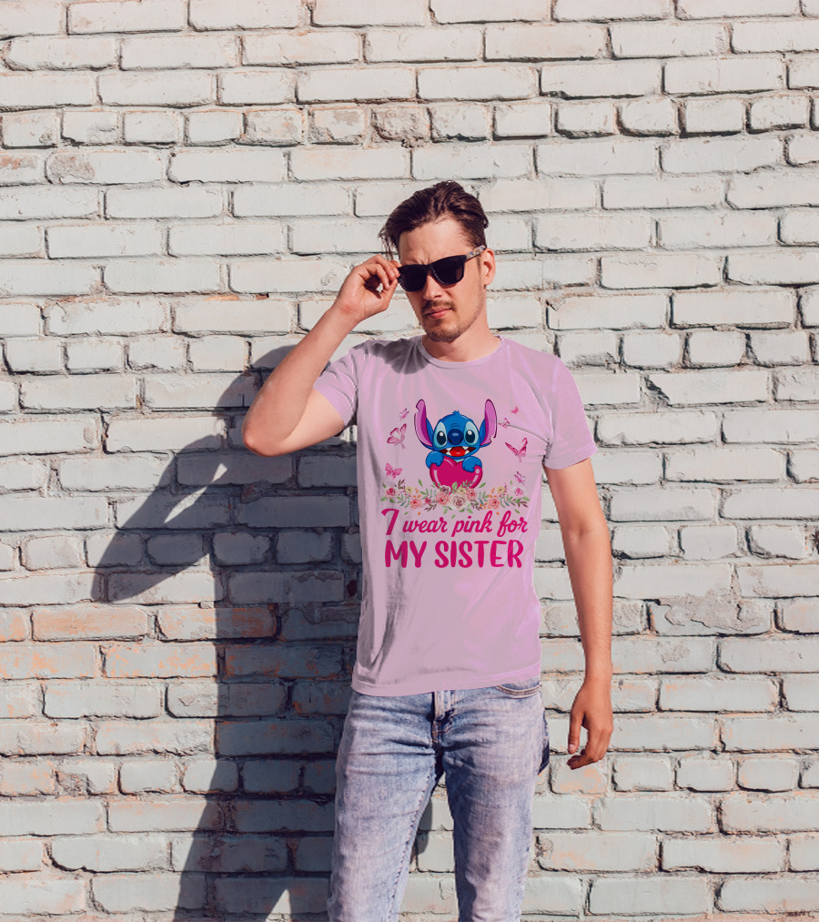I Wear Pink For My Sister Stitch Butterfly Flower Theme T-Shirt