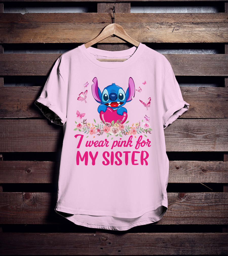 I Wear Pink For My Sister Stitch Butterfly Flower Theme T-Shirt