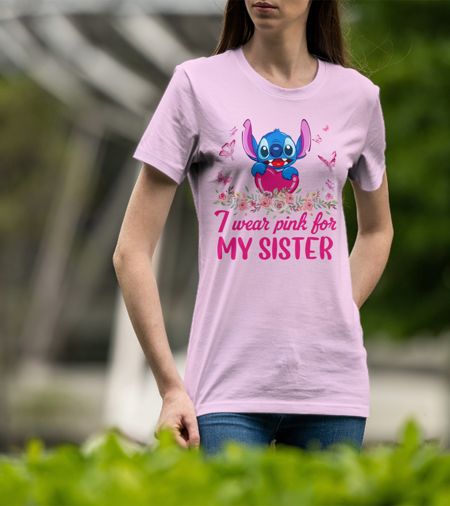 I Wear Pink For My Sister Stitch Butterfly Flower Theme T-Shirt