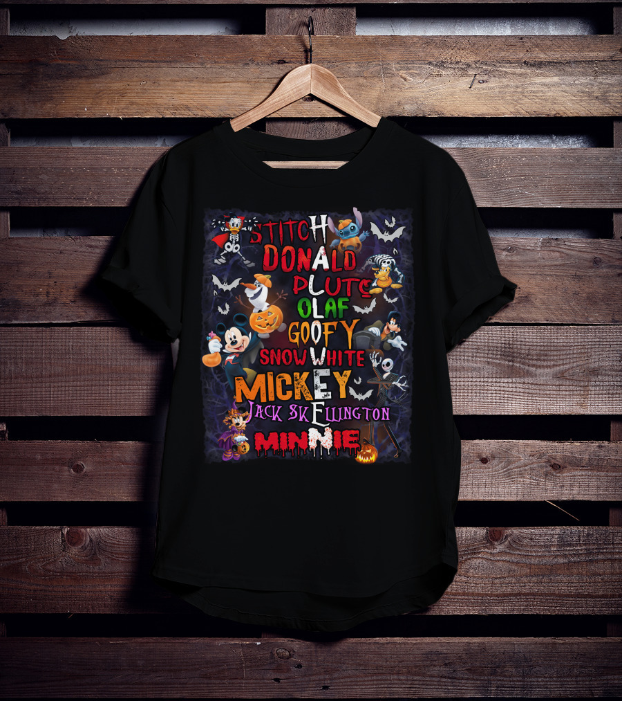 Stitch Donald Pluto Olaf Goofy Snow White Mickey Jack Skellington Minnie Halloween Disney Characters T-Shirt