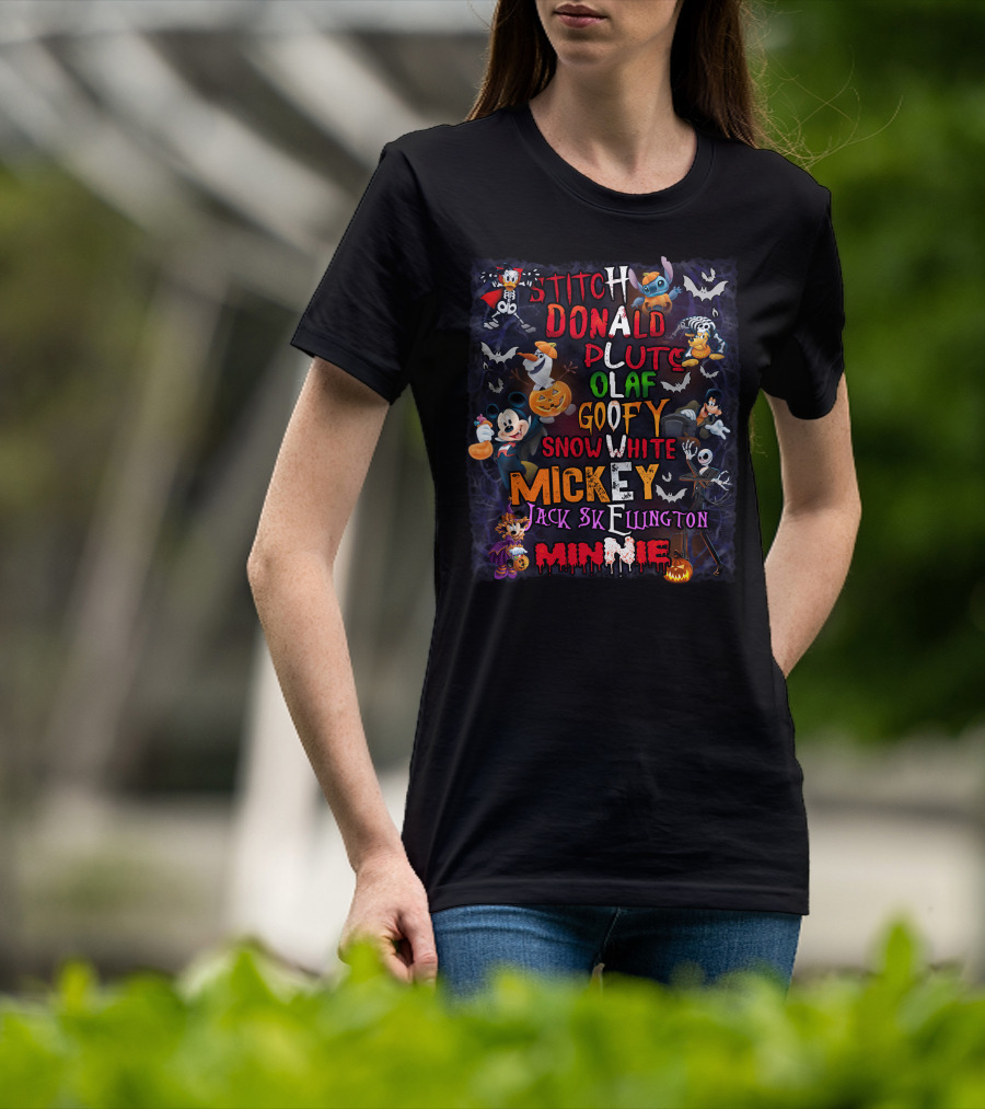 Stitch Donald Pluto Olaf Goofy Snow White Mickey Jack Skellington Minnie Halloween Disney Characters T-Shirt