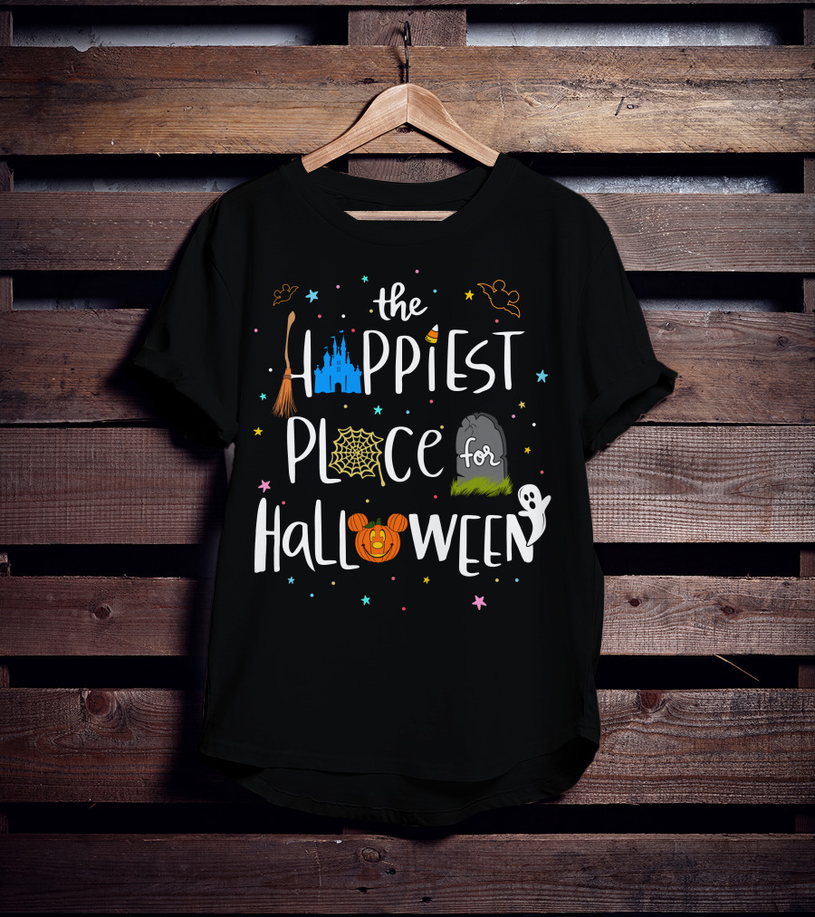 The Happiest Place For Halloween Spooky Castle Mickey Pumpkin Ghost Bats T-Shirt