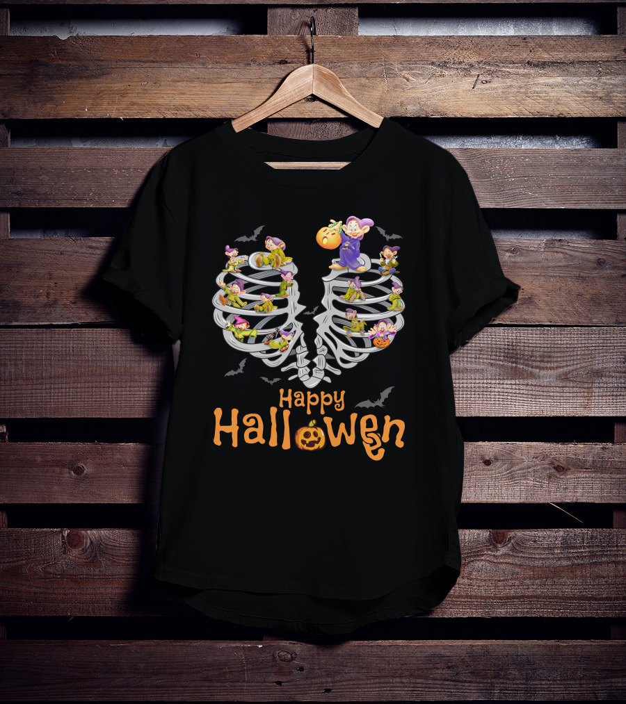 Happy Halloween Dopey Ribcage Bats And Pumpkins T-Shirt